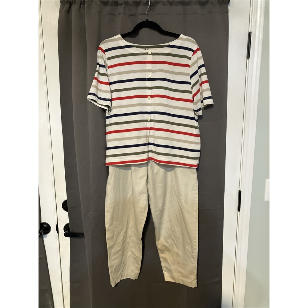 Season Ticket Striped Button Back Top & Beige‎ Pants Set, Women's Large Set
